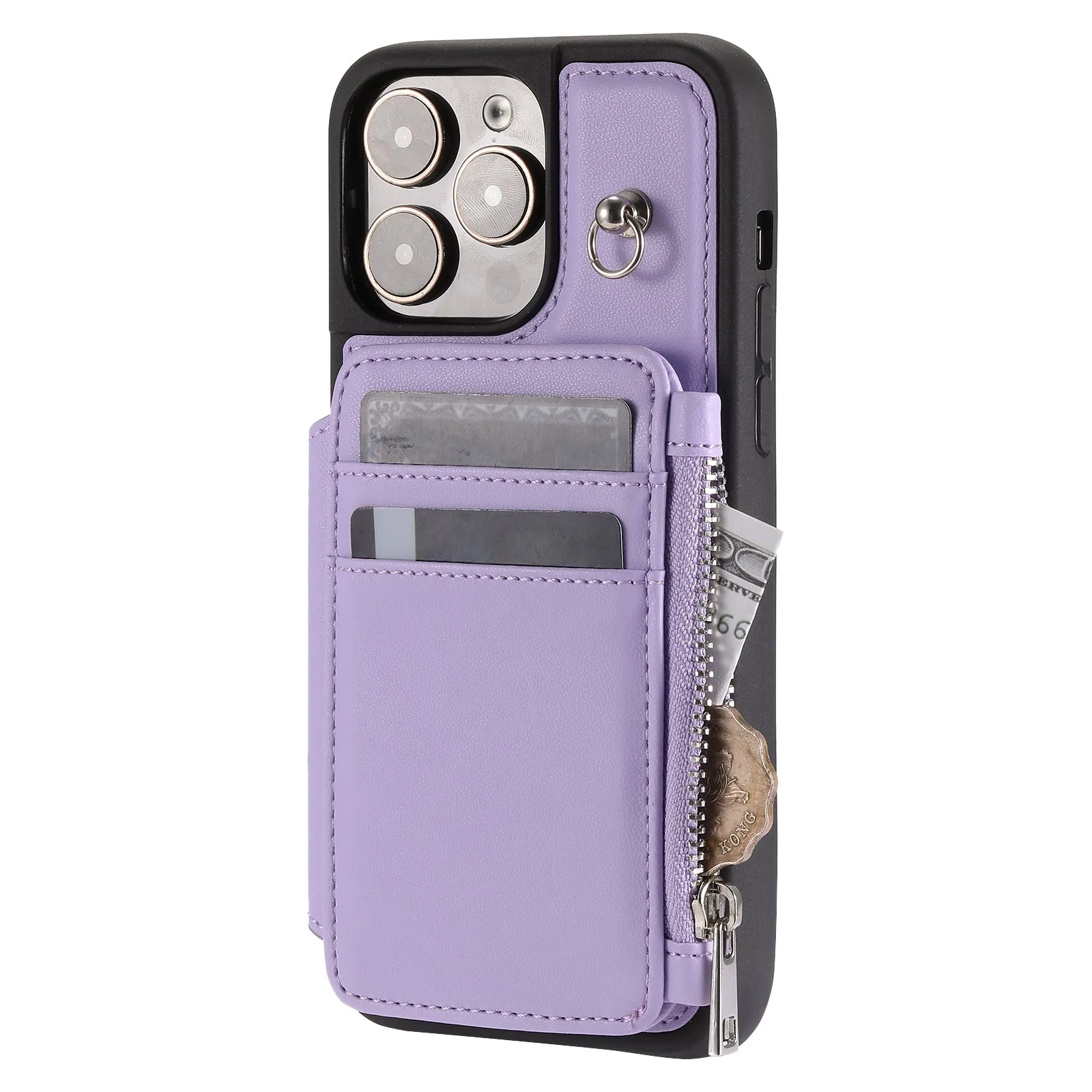 009 Zipper Wallet Phone Case for iPhone 15 Pro Kickstand Phone Cover RFID Blocking PU TPU Case with Straps