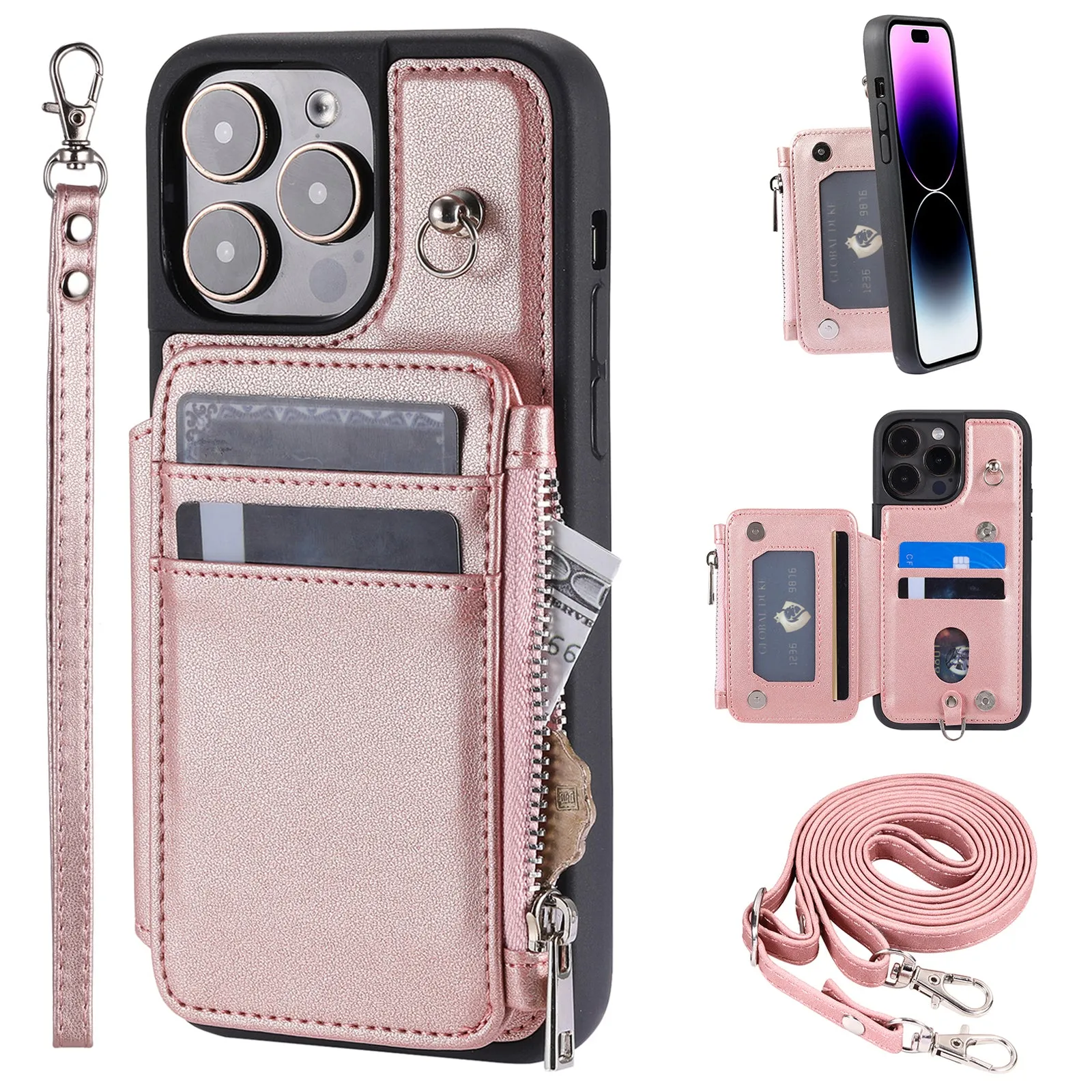 009 Zipper Wallet Phone Case for iPhone 15 Pro Kickstand Phone Cover RFID Blocking PU TPU Case with Straps