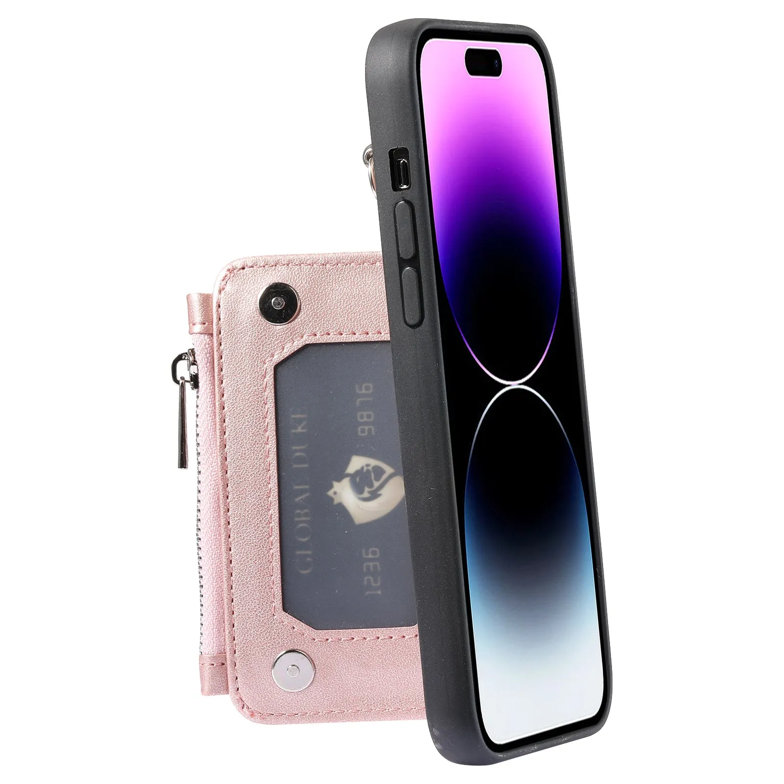 009 Zipper Wallet Phone Case for iPhone 15 Pro Kickstand Phone Cover RFID Blocking PU TPU Case with Straps