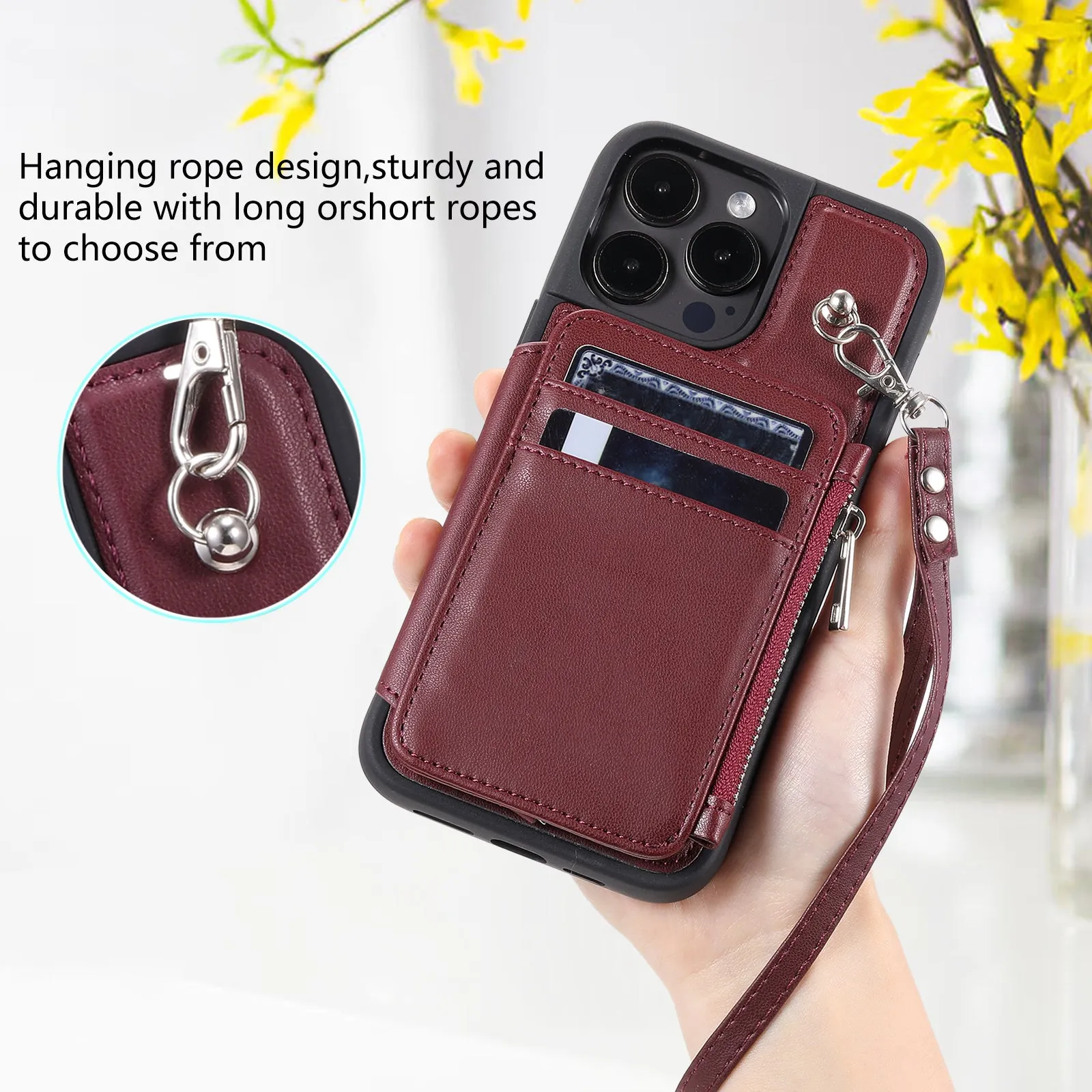 009 Zipper Wallet Phone Case for iPhone 15 Pro Kickstand Phone Cover RFID Blocking PU TPU Case with Straps