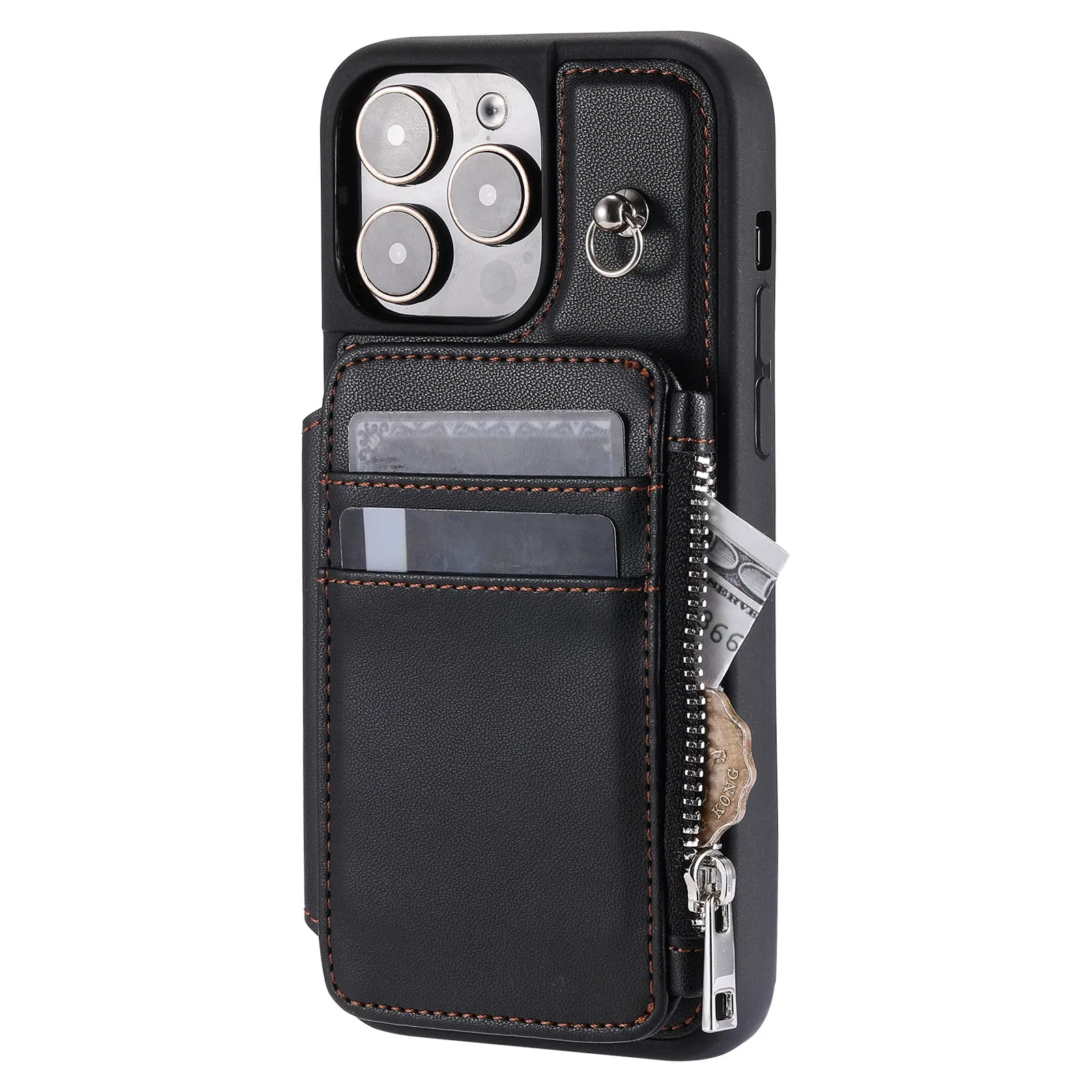 009 Zipper Wallet Phone Case for iPhone 15 Pro Kickstand Phone Cover RFID Blocking PU TPU Case with Straps