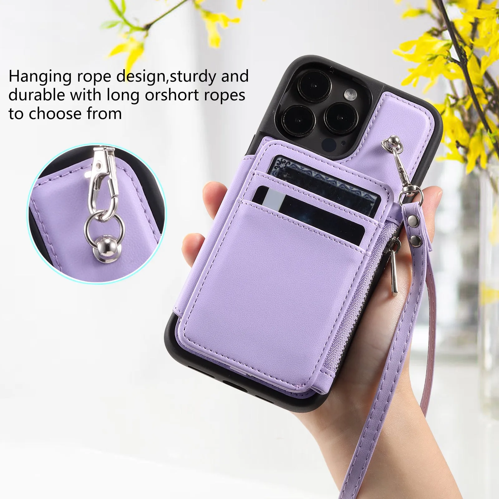 009 Zipper Wallet Phone Case for iPhone 15 Pro Kickstand Phone Cover RFID Blocking PU TPU Case with Straps