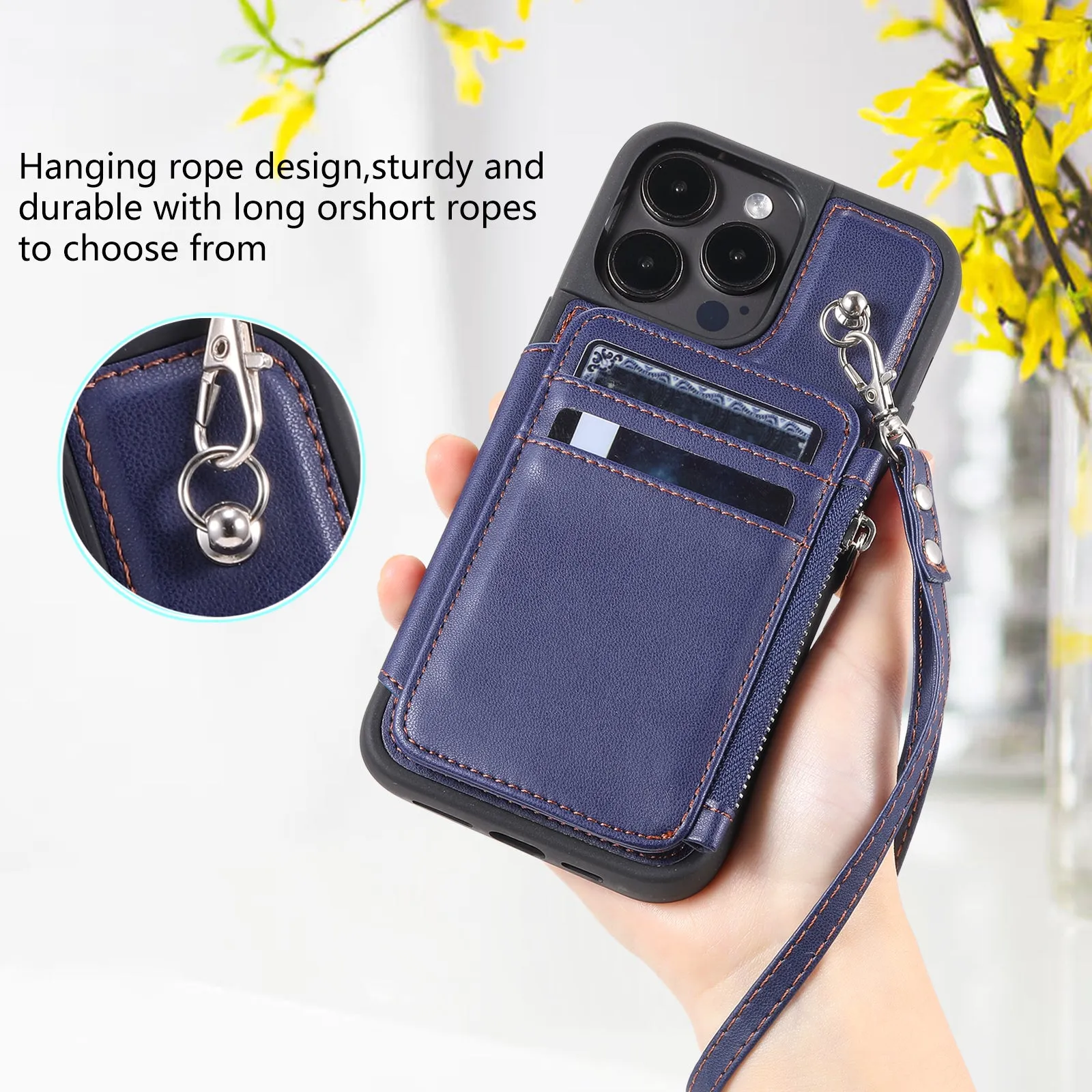 009 Zipper Wallet Phone Case for iPhone 15 Pro Kickstand Phone Cover RFID Blocking PU TPU Case with Straps