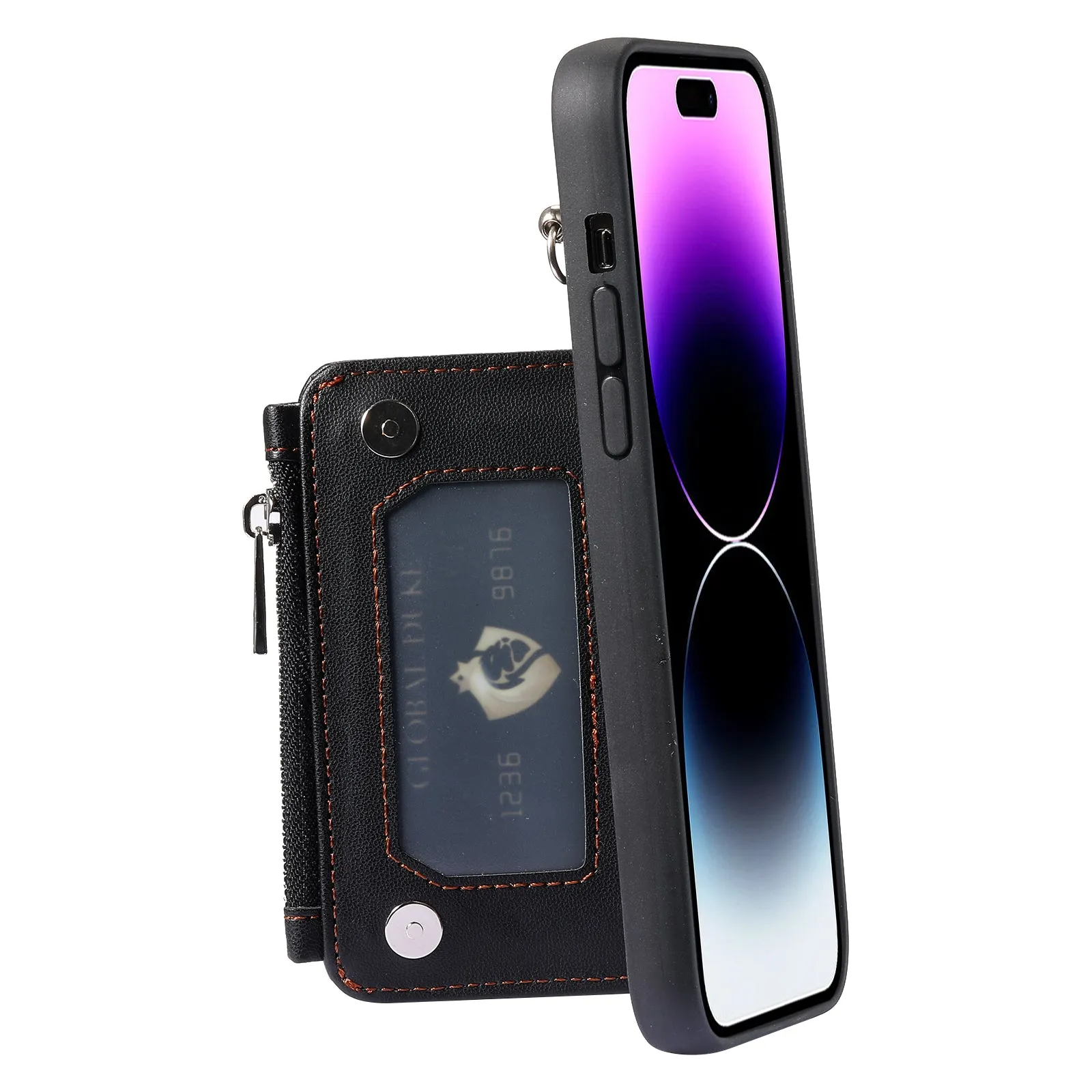 009 Zipper Wallet Phone Case for iPhone 15 Pro Kickstand Phone Cover RFID Blocking PU TPU Case with Straps