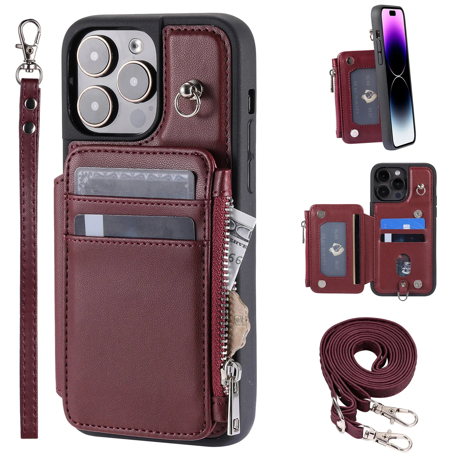 009 Zipper Wallet Phone Case for iPhone 15 Pro Kickstand Phone Cover RFID Blocking PU TPU Case with Straps