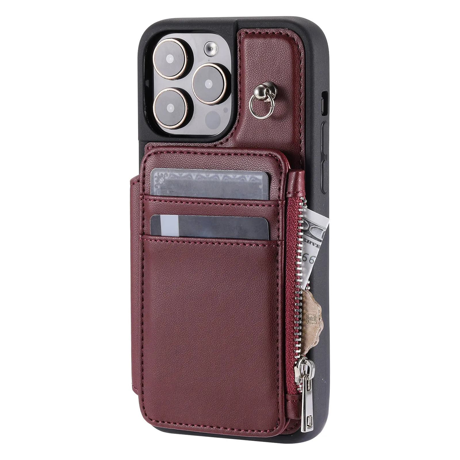 009 Zipper Wallet Phone Case for iPhone 15 Pro Kickstand Phone Cover RFID Blocking PU TPU Case with Straps