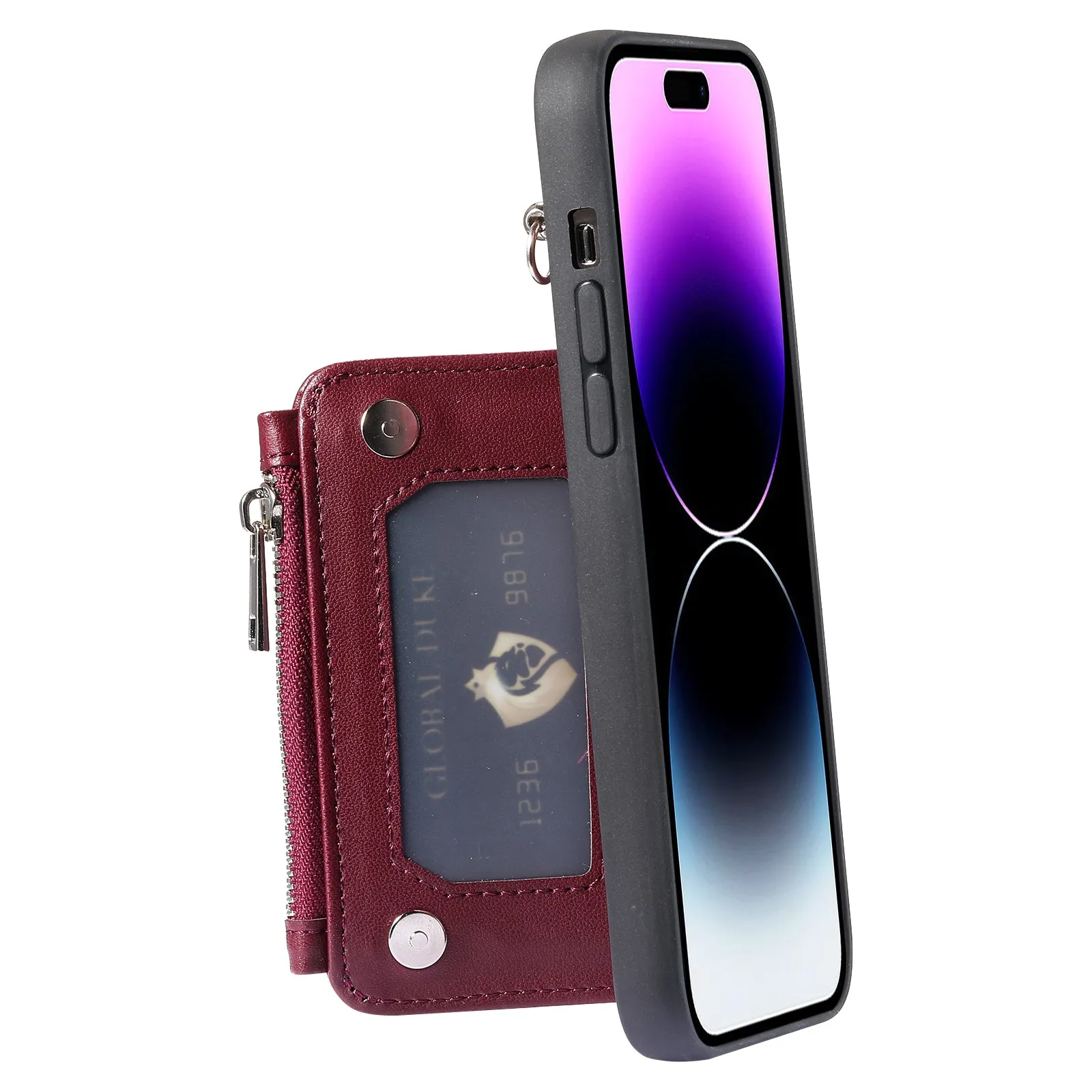 009 Zipper Wallet Phone Case for iPhone 15 Pro Kickstand Phone Cover RFID Blocking PU TPU Case with Straps