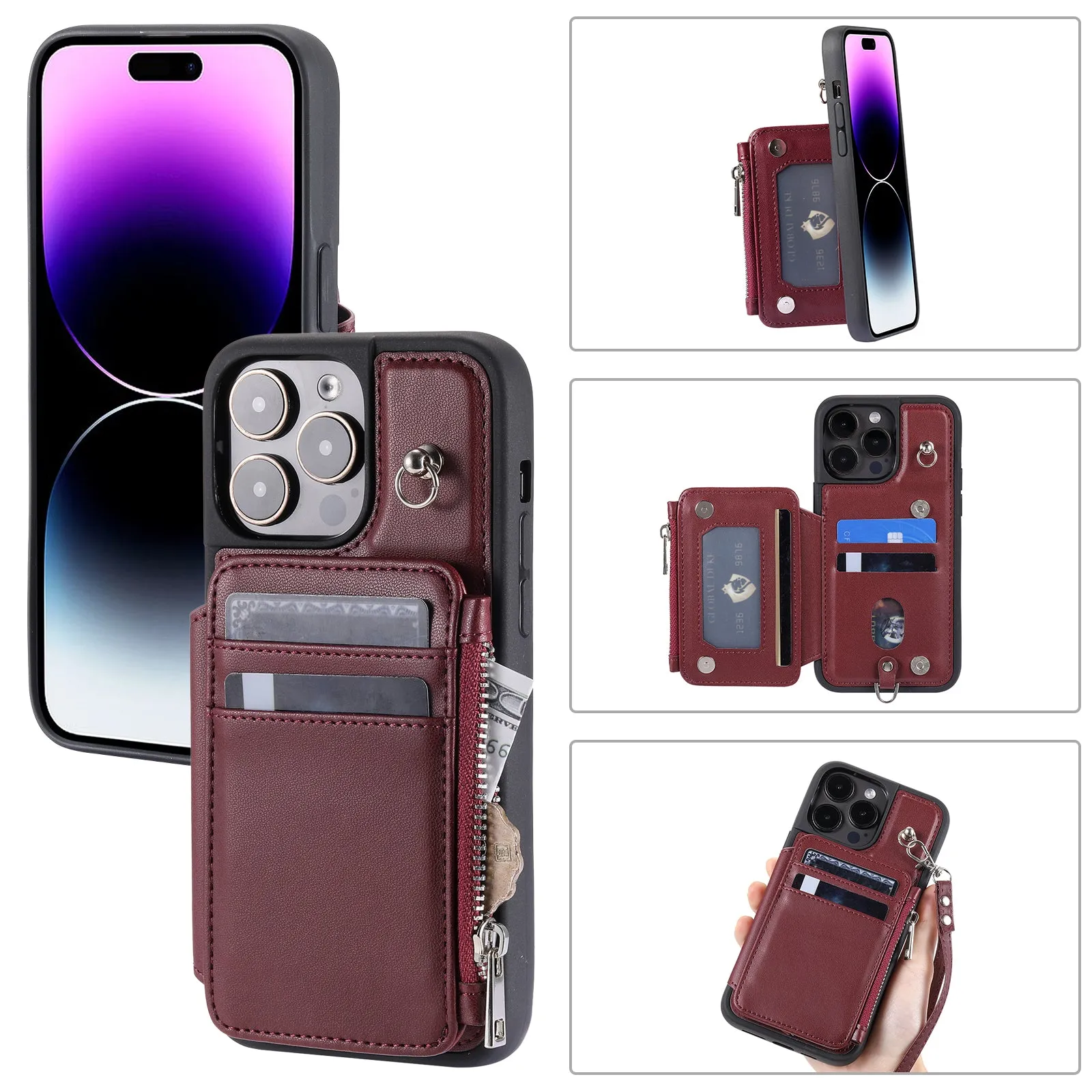 009 Zipper Wallet Phone Case for iPhone 15 Pro Kickstand Phone Cover RFID Blocking PU TPU Case with Straps