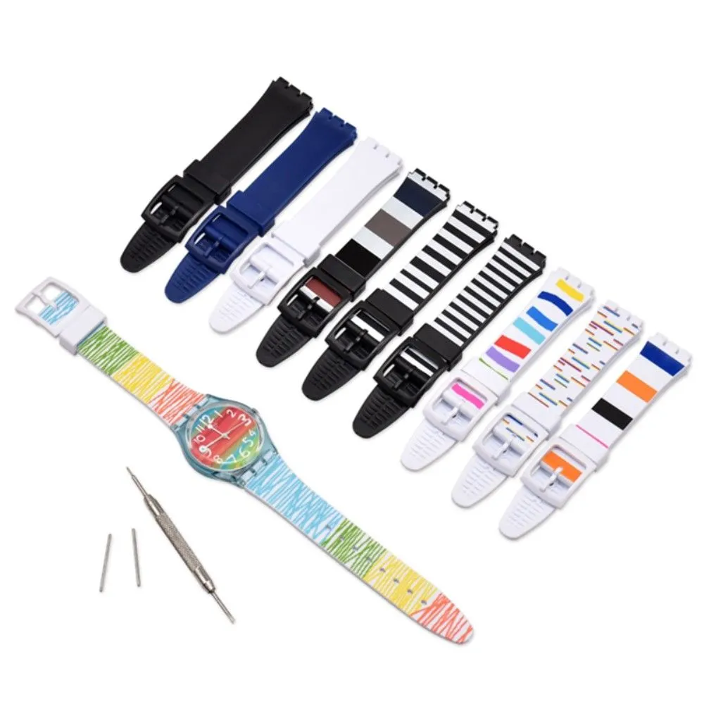 17mm Universal stripe printed silicone watch strap - Blue / Brown / Red / Black