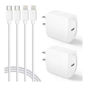 2-Pack PD 20W USB-C Charger Block With 10ft Type-C Lightning Cable