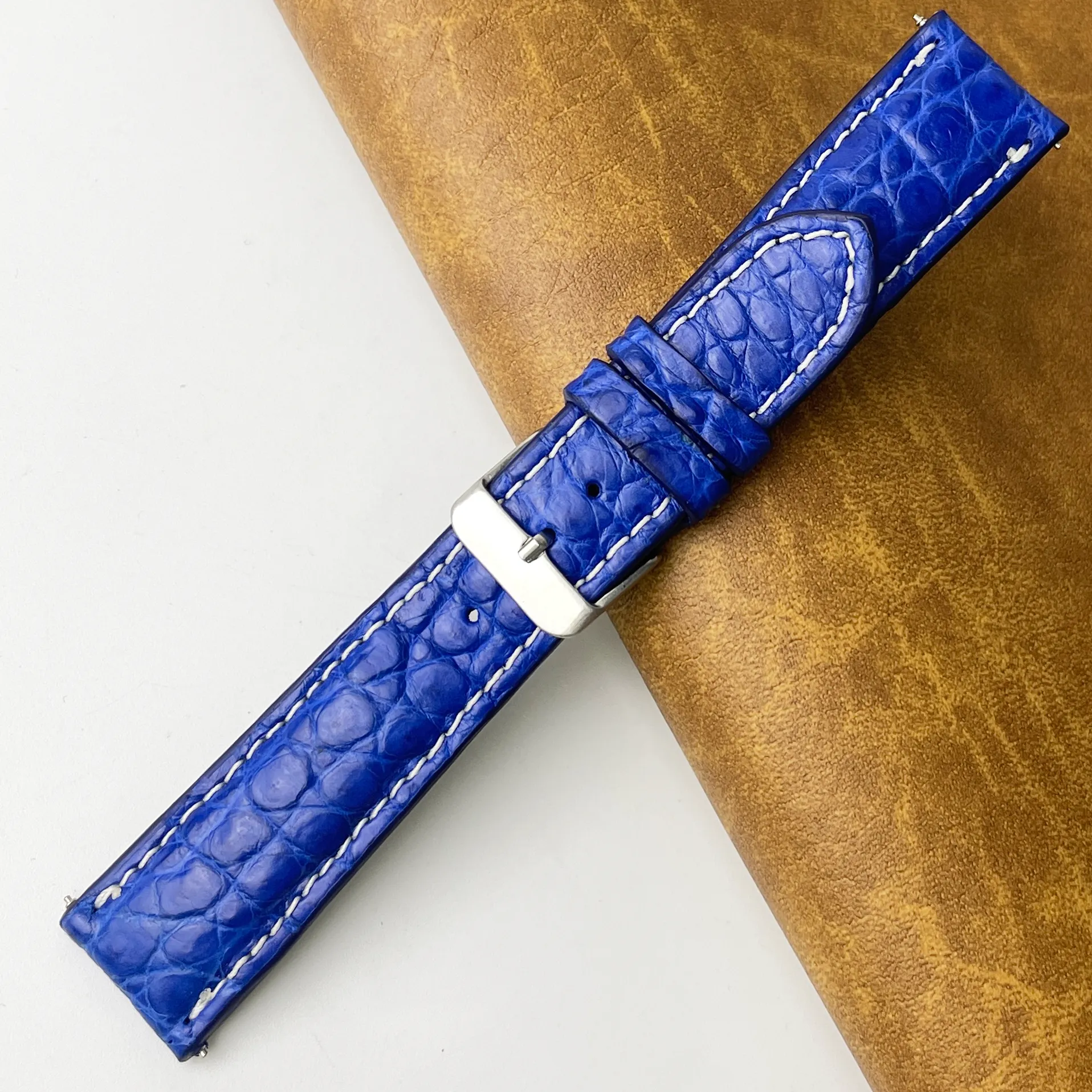 21mm Blue Unique White Stitching Pattern Alligator Leather Watch Band For Men DH-159A