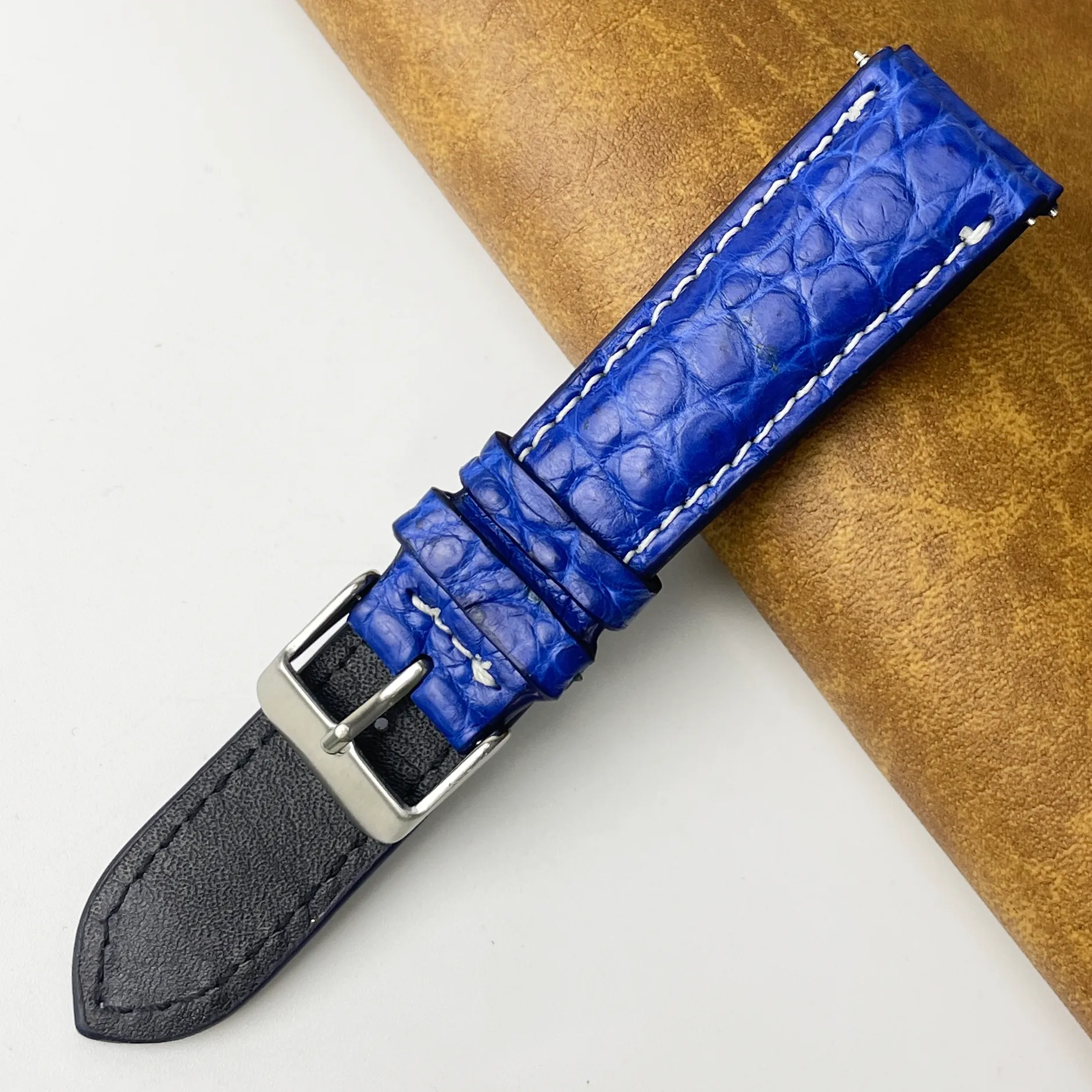 21mm Blue Unique White Stitching Pattern Alligator Leather Watch Band For Men DH-159A