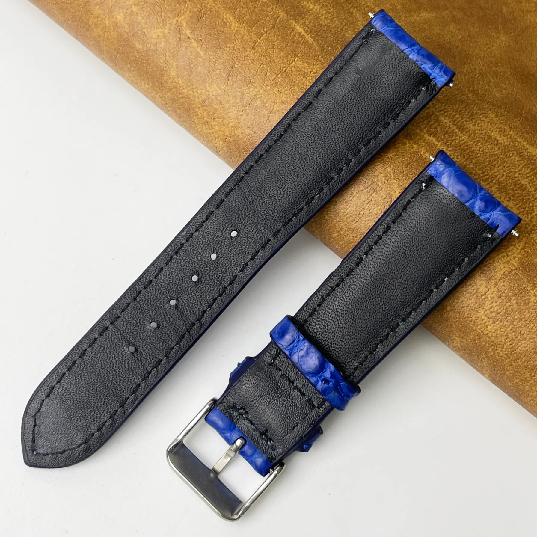 21mm Blue Unique White Stitching Pattern Alligator Leather Watch Band For Men DH-159A