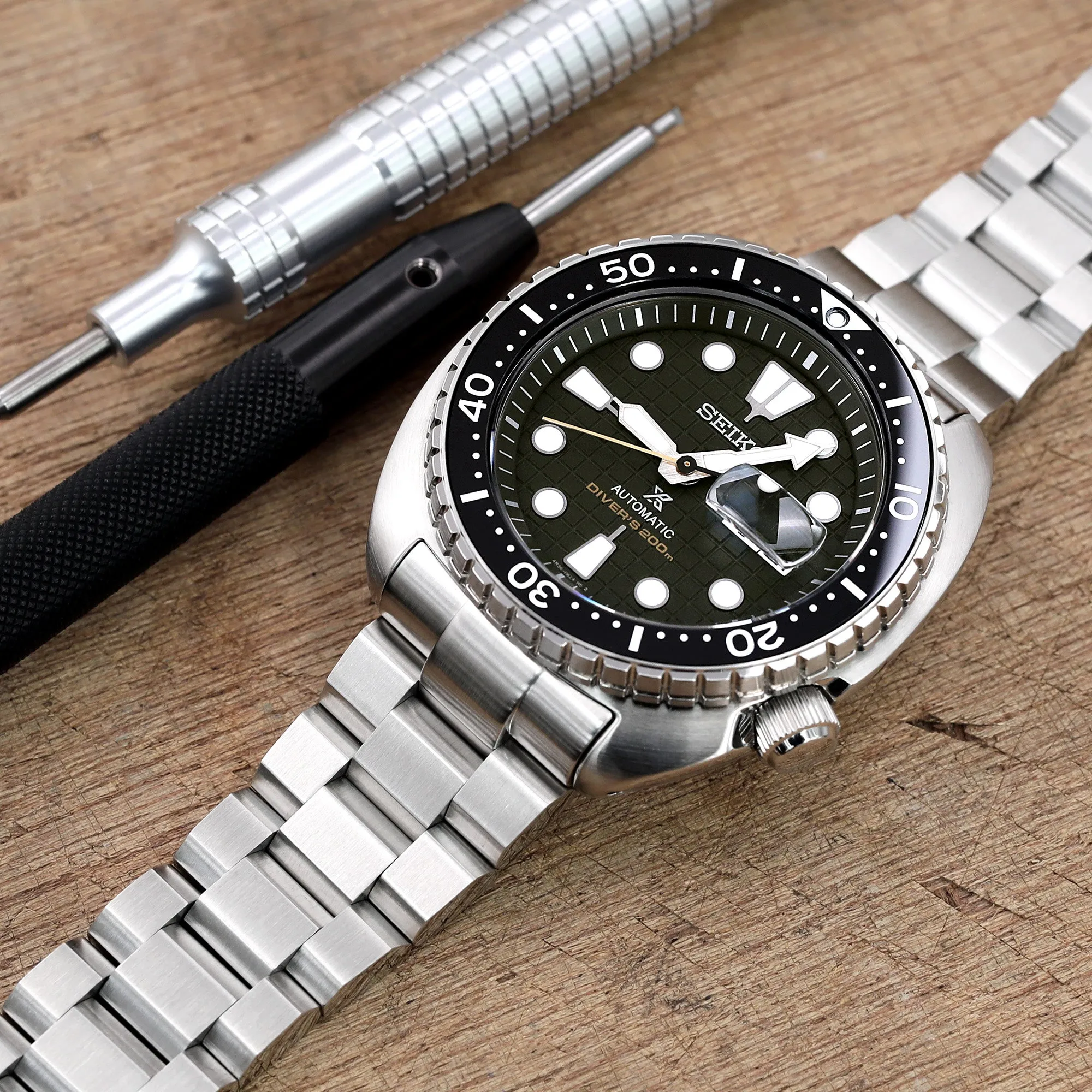 22mm Hexad Watch Band for Seiko New Turtles SRP777 SRP775 SRPA21 (PADI), Stainless Steel - Brushed, V Diver Clasp