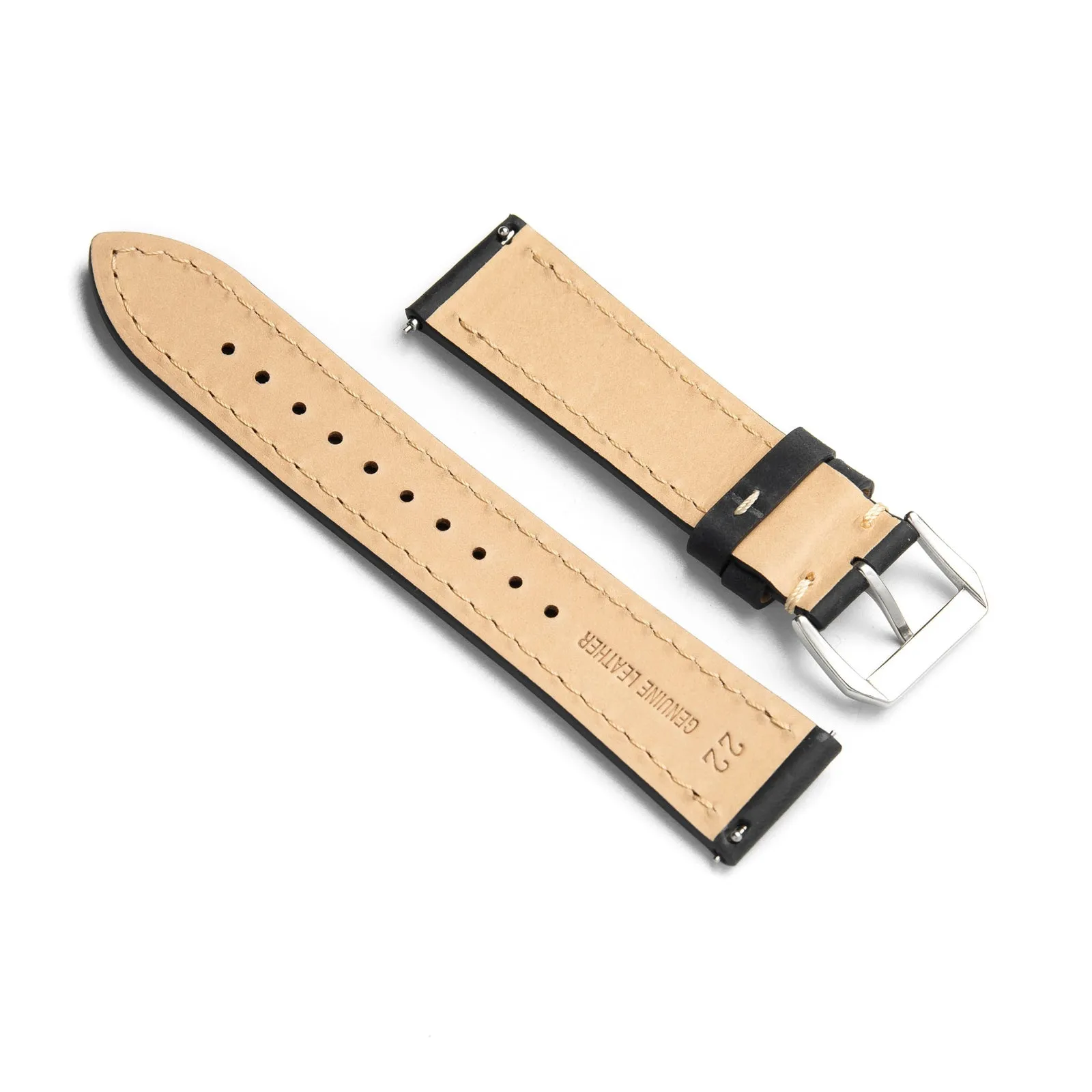 22mm Quick Release Full Stitch Leather Watch Strap - Black