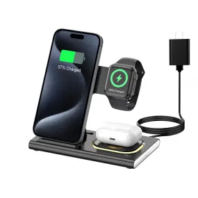 3 in 1 Foldable Charging Station for Apple Products,Fast Wireless Charger Travel Dock Adapter&Light for iPhone 16/15/14/13/12/11/X/XS,for iWatch 10/9/8/7/Ultra2/Ultra/SE,for AirPods 4/3/2/Pro/2(black)