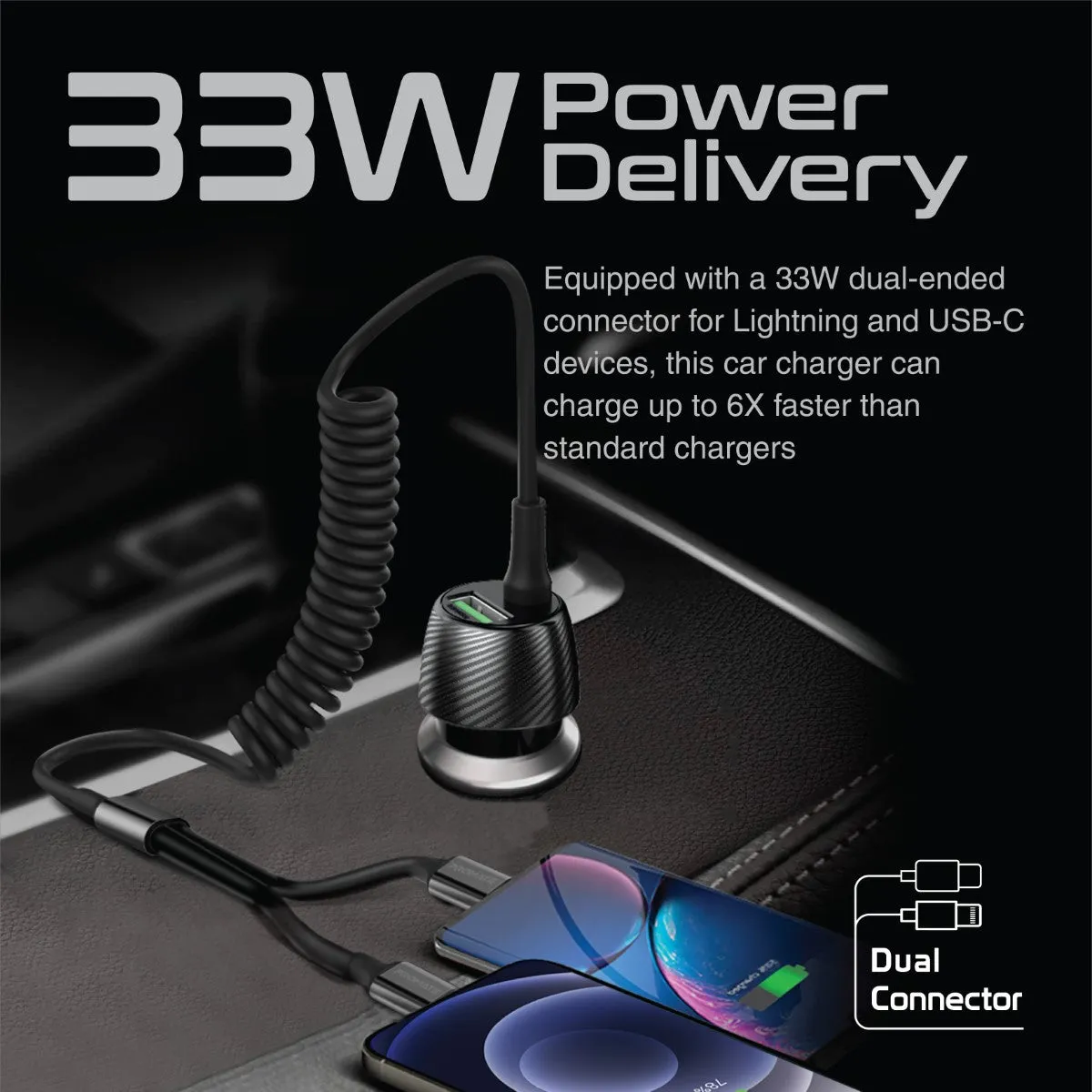 33W Car Charger with Lightning Connector & USB-C Cable