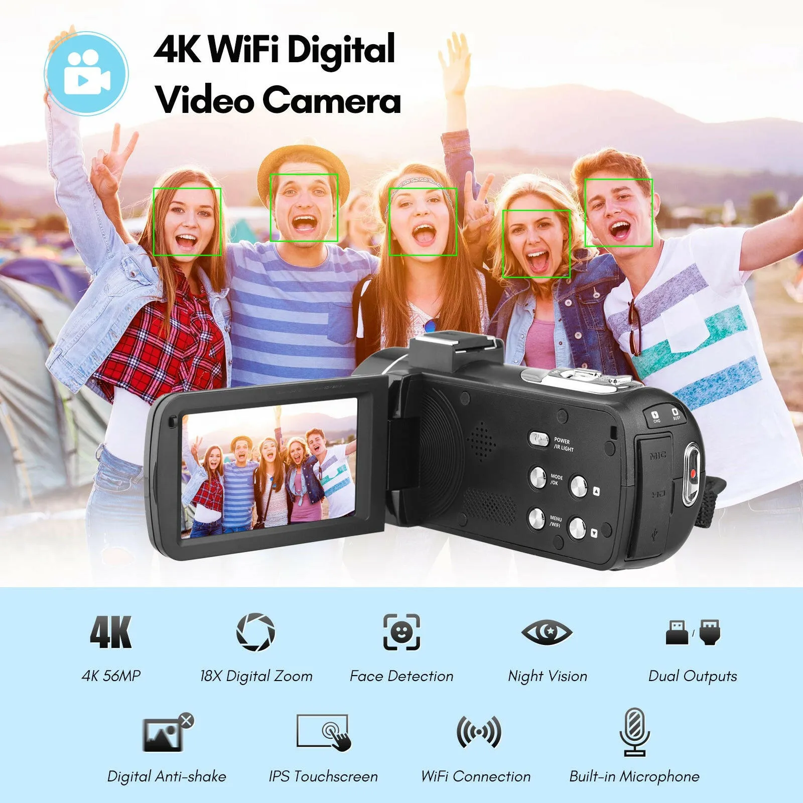 4K Digital Video Camera WiFi Camcorder DV Recorder 56MP 18X Digital Zoom 3.0 Inch IPS Touchscreen Supports Face Detection IR Night Vision Anti-shake with 2pcs Batteries   Remote Control   Carry Bag   External Microphone   0.39X Wide Angle Lens