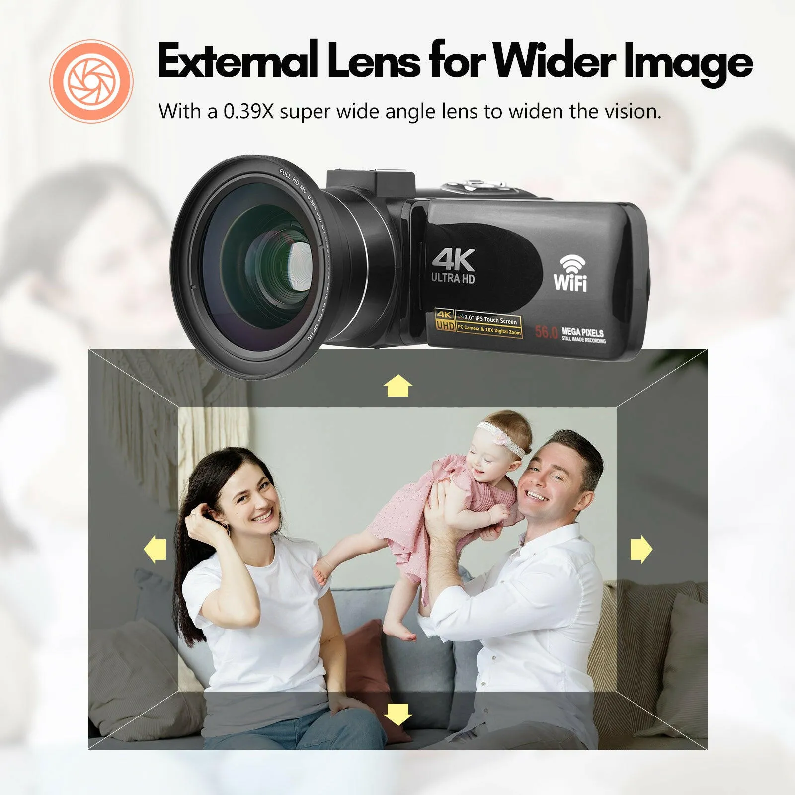 4K Digital Video Camera WiFi Camcorder DV Recorder 56MP 18X Digital Zoom 3.0 Inch IPS Touchscreen Supports Face Detection IR Night Vision Anti-shake with 2pcs Batteries   Remote Control   Carry Bag   External Microphone   0.39X Wide Angle Lens