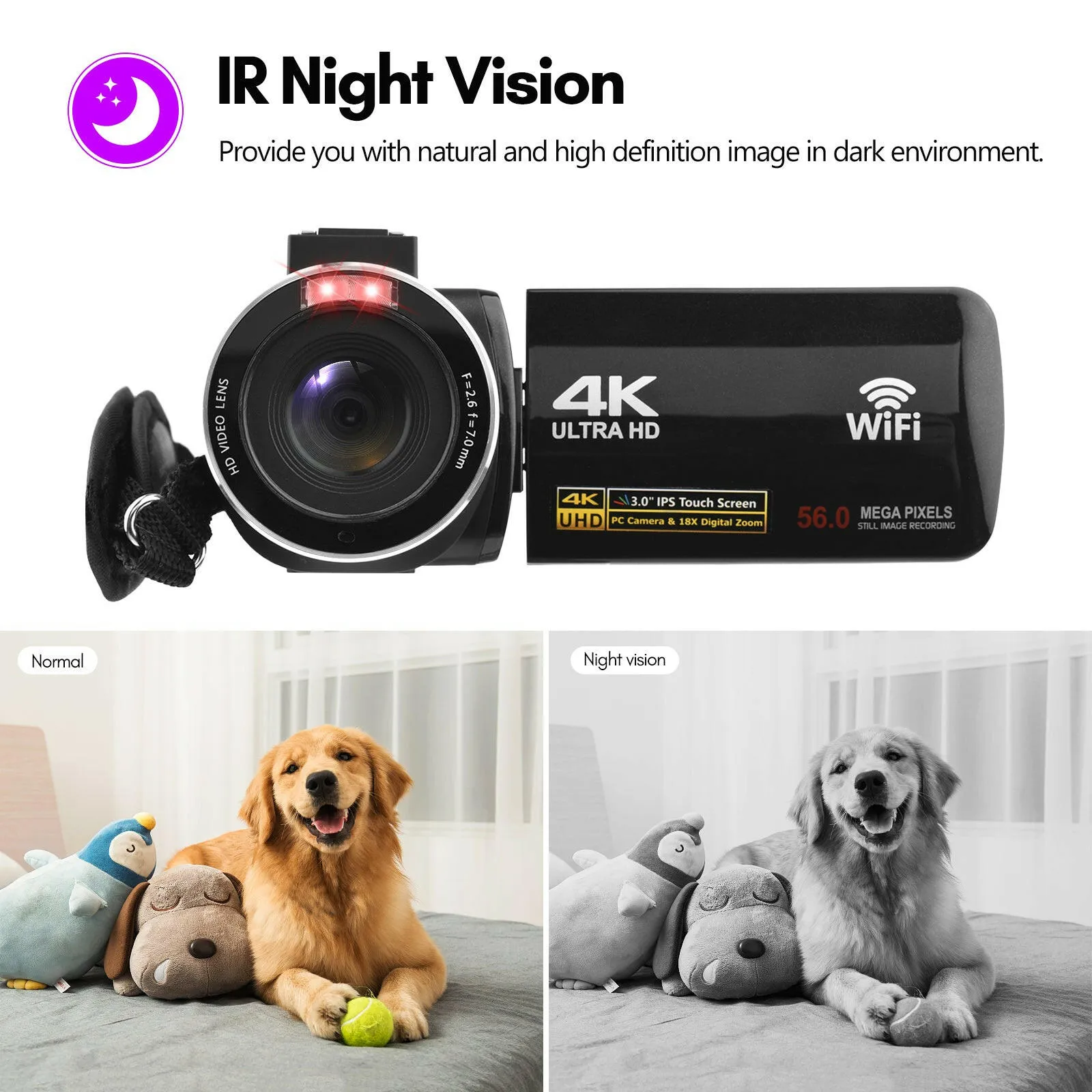 4K Digital Video Camera WiFi Camcorder DV Recorder 56MP 18X Digital Zoom 3.0 Inch IPS Touchscreen Supports Face Detection IR Night Vision Anti-shake with 2pcs Batteries   Remote Control   Carry Bag   External Microphone   0.39X Wide Angle Lens