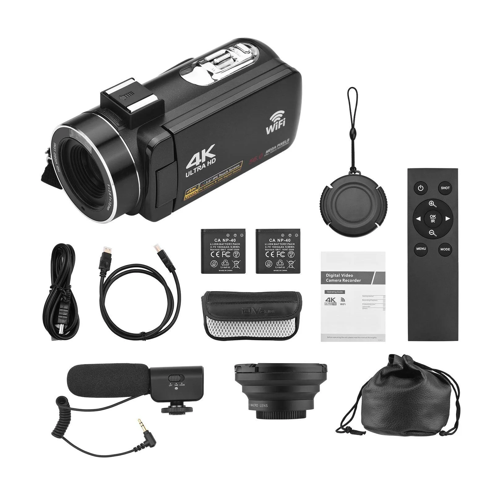 4K Digital Video Camera WiFi Camcorder DV Recorder 56MP 18X Digital Zoom 3.0 Inch IPS Touchscreen Supports Face Detection IR Night Vision Anti-shake with 2pcs Batteries   Remote Control   Carry Bag   External Microphone   0.39X Wide Angle Lens