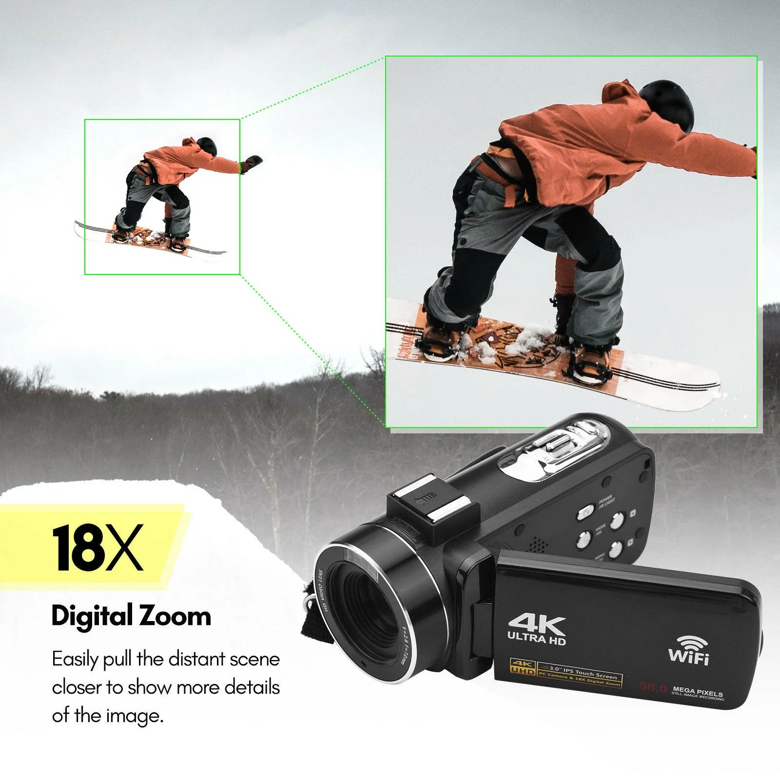 4K Digital Video Camera WiFi Camcorder DV Recorder 56MP 18X Digital Zoom 3.0 Inch IPS Touchscreen Supports Face Detection IR Night Vision Anti-shake with 2pcs Batteries   Remote Control   Carry Bag   External Microphone   0.39X Wide Angle Lens