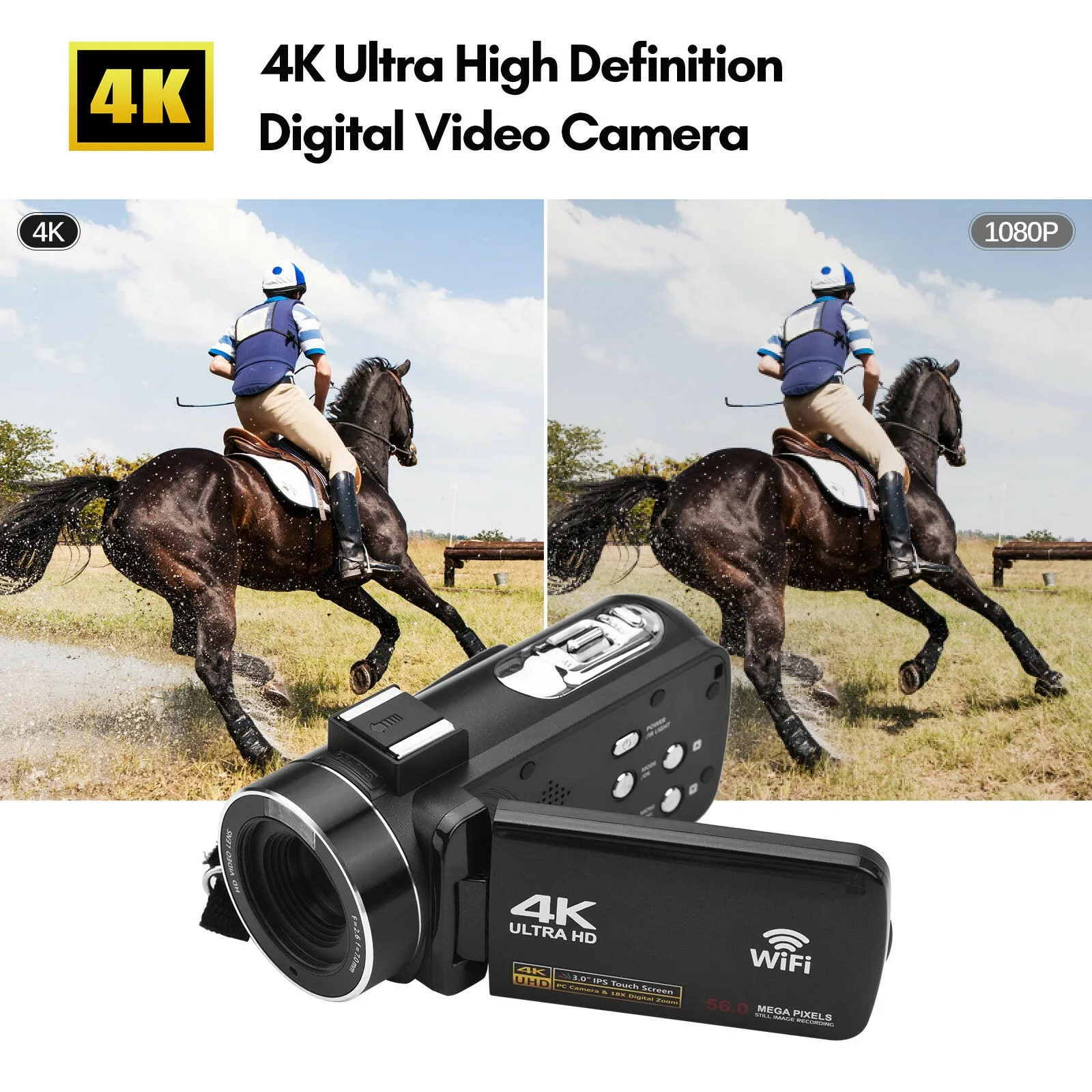 4K Digital Video Camera WiFi Camcorder DV Recorder 56MP 18X Digital Zoom 3.0 Inch IPS Touchscreen Supports Face Detection IR Night Vision Anti-shake with 2pcs Batteries   Remote Control   Carry Bag   External Microphone   0.39X Wide Angle Lens