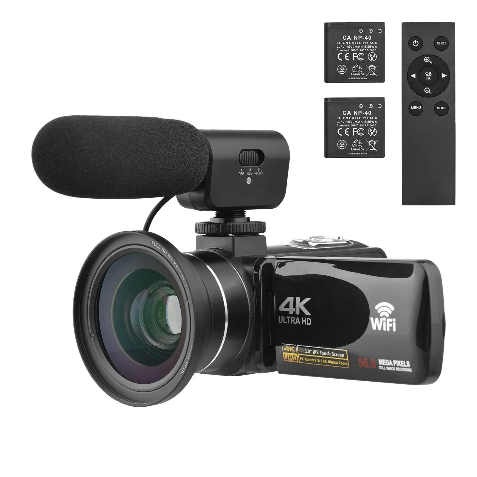 4K Digital Video Camera WiFi Camcorder DV Recorder 56MP 18X Digital Zoom 3.0 Inch IPS Touchscreen Supports Face Detection IR Night Vision Anti-shake with 2pcs Batteries   Remote Control   Carry Bag   External Microphone   0.39X Wide Angle Lens