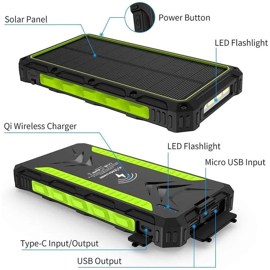 4XEM 20,000 maH Mobile Solar Power Bank and Charger (Green) 4XSOLARPWRGN