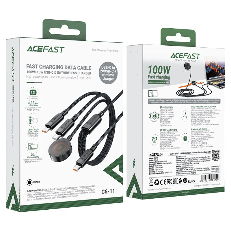 Acefast C6-11 USB-C 3-in-1 100W Intelligent Balance Charging Data Cable (0.8m   0.4m) - Black