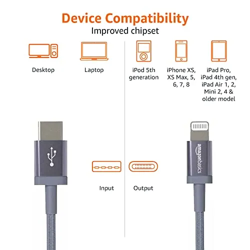 Amazon Basics USB-C to Lightning Charger Cable, Nylon Braided Cord, MFi Certified Charger for Apple iPhone 14 13 12 11 X Xs Pro, Pro Max, Plus, iPad, 3 Foot, Dark Gray