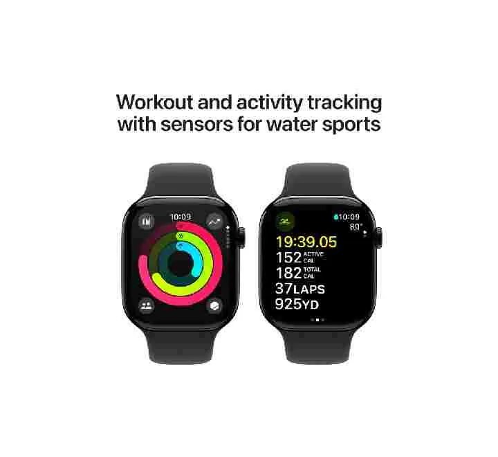 Apple Watch Series 10 GPS, 46 mm Jet Black Aluminium Case with Black Sport Band – MWWQ3 (M/L)