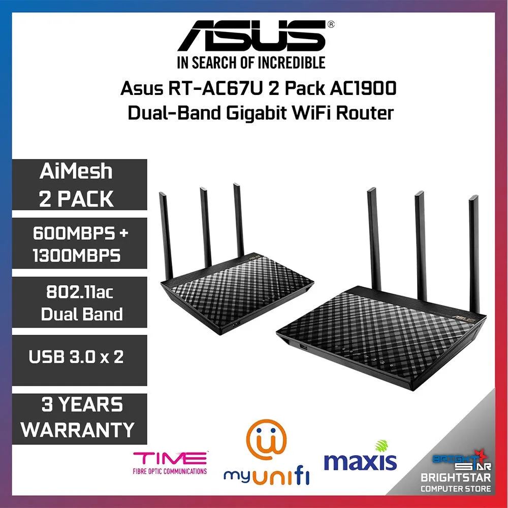 ASUS RT-AC67U 2 Pack AiMesh AC1900 WiFi Router