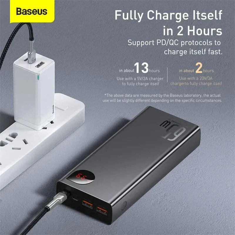 Baseus 20000mAh 65W Fast Charging Power Bank - Portable External Battery with PD & QC 3.0 for Mobile Devices