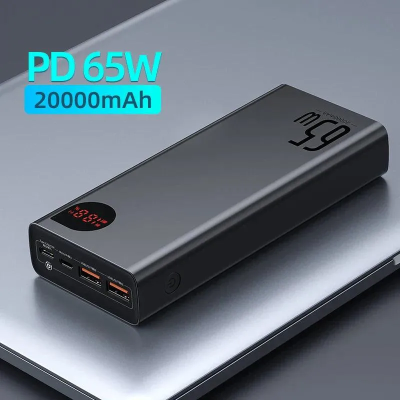 Baseus 20000mAh 65W Fast Charging Power Bank - Portable External Battery with PD & QC 3.0 for Mobile Devices