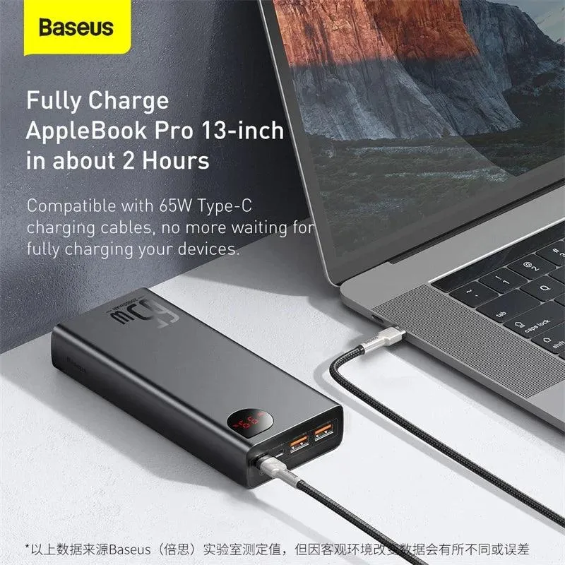 Baseus 20000mAh 65W Fast Charging Power Bank - Portable External Battery with PD & QC 3.0 for Mobile Devices