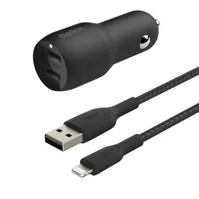 Belkin 1' 2-Port Car Charger Bundle with A to LTG Braided Cable - Black