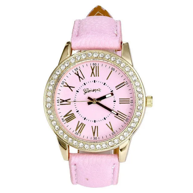 Brand Watch Geneva Women PU Leather Roman Rhinestone Quartz Wrist Watch Dress Watch Montre femme Clock Female Relojes mujer