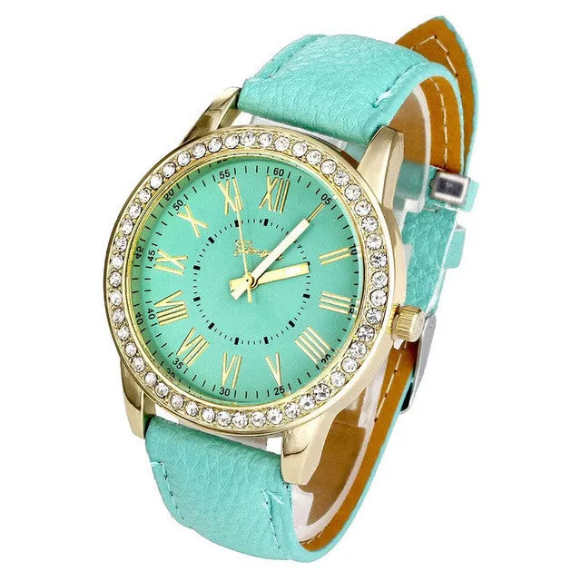 Brand Watch Geneva Women PU Leather Roman Rhinestone Quartz Wrist Watch Dress Watch Montre femme Clock Female Relojes mujer