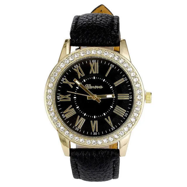 Brand Watch Geneva Women PU Leather Roman Rhinestone Quartz Wrist Watch Dress Watch Montre femme Clock Female Relojes mujer