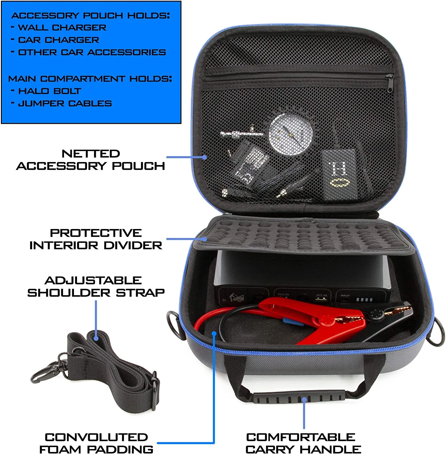 CASEMATIX Travel Case Compatible with Halo Bolt 58830 mWh Laptop Charger and Accessories - Holds Charger, Car Charger, AC Wall Plug & Jumper Cables