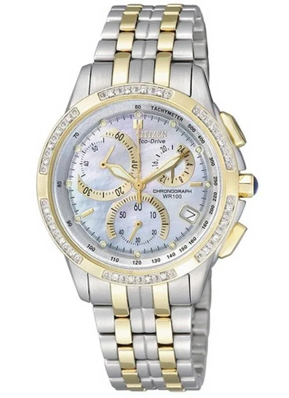 Citizen Eco Drive Chronograph Diamonds Bezel Two Tone Ladies Watch FB1096-51D