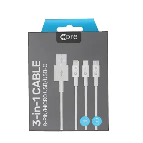 Core 3-in-1 USB to USB-C Lightning Micro USB 1M White