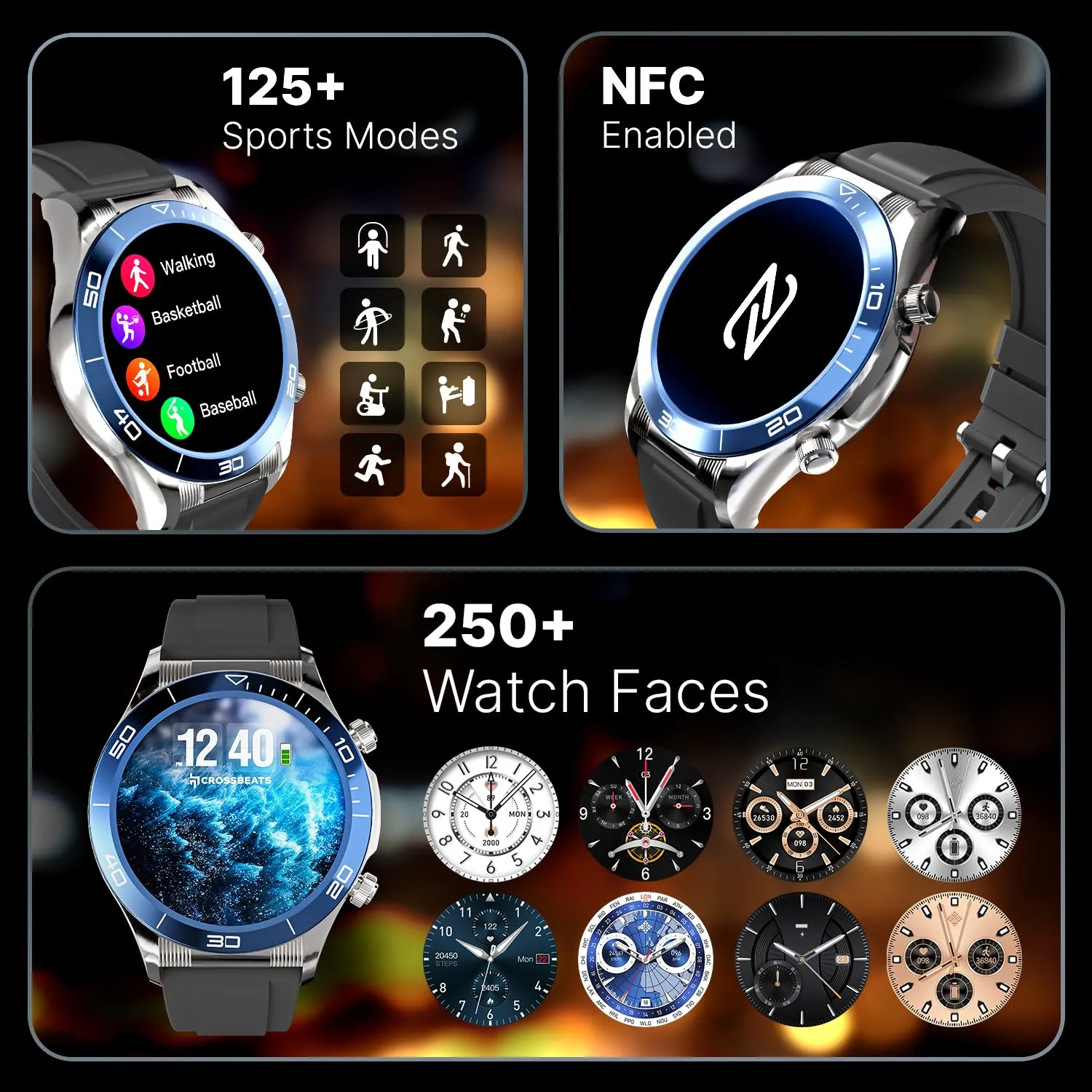 CrossBeats Monarch 1.43” UHD Infinite Display Smartwatch| Advanced Bluetooth Calling| 700 Nits| 125 Sports Modes| Spo2 Tracking| 360 * 360 Pixels (Round Silicone - Blue)