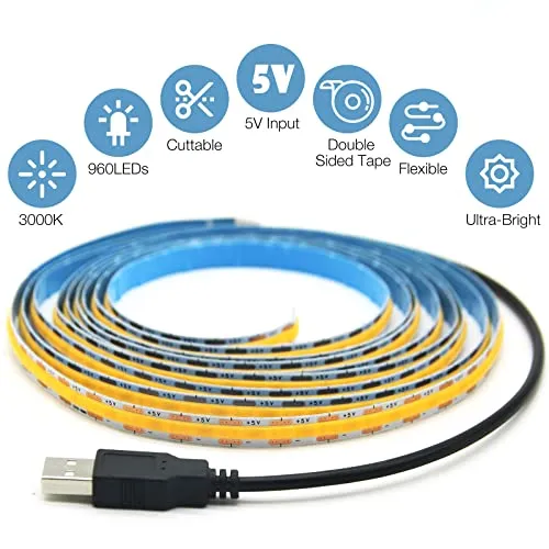 DAYBETTER Cob Led Strip,6.56ft/2m 3000k Warm White Led Light Strip,USB Powered 5v Flexible Led Strip Lights, 640leds CRI 90 Bright Led Strip Lights for Tv,Bedroom, Kitchen,DIY Home Decoration