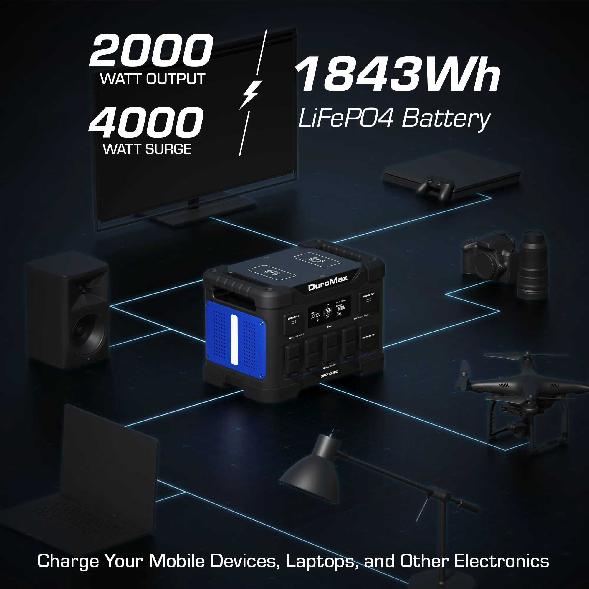 DuroMax XP2000PX 2000 Watt 1843 Wh LiFePO4 Portable Battery Backup Power Station