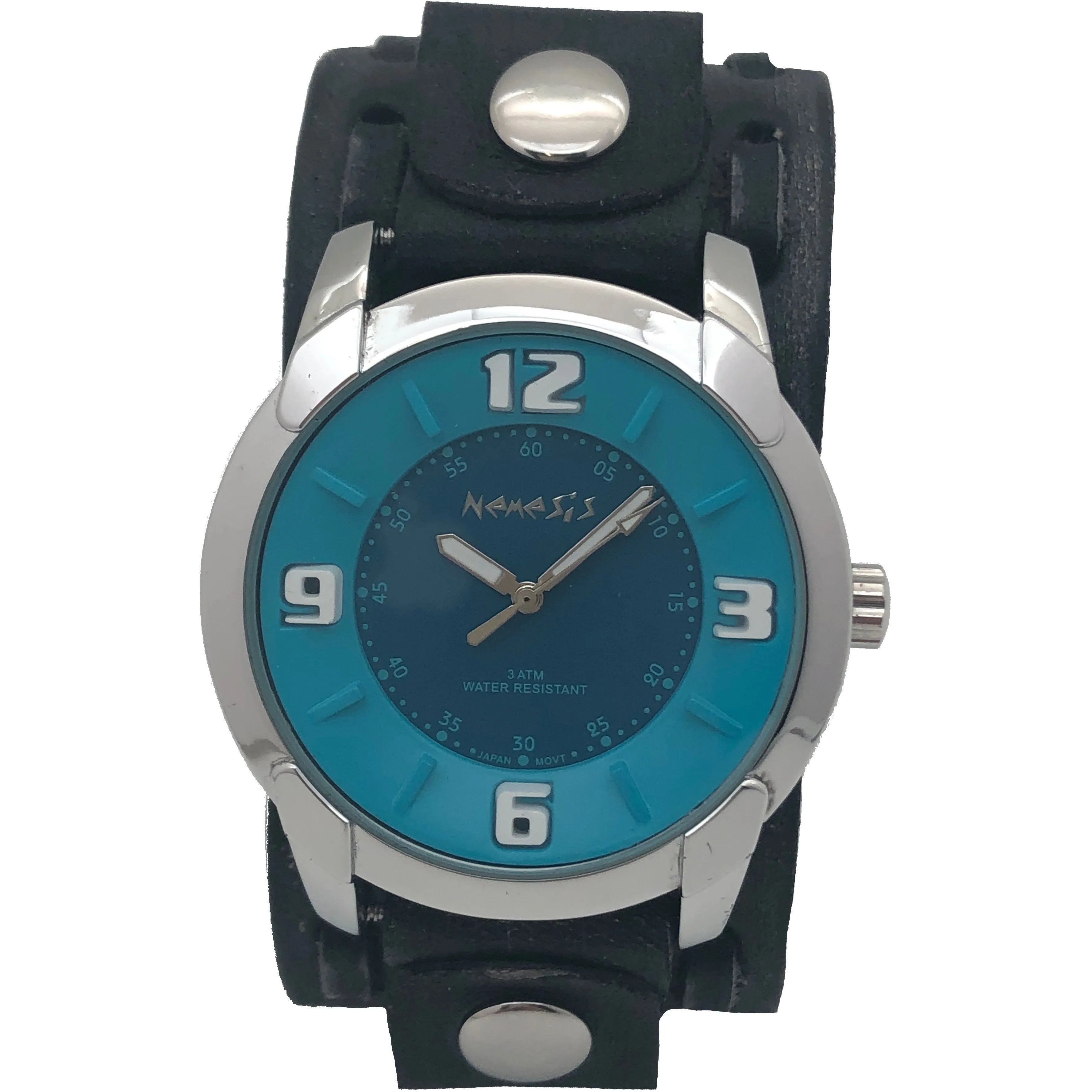 Embossed 3D Turquoise/Deep Blue Watch with Perforated Dash Distressed Dark Brown Leather Cuff