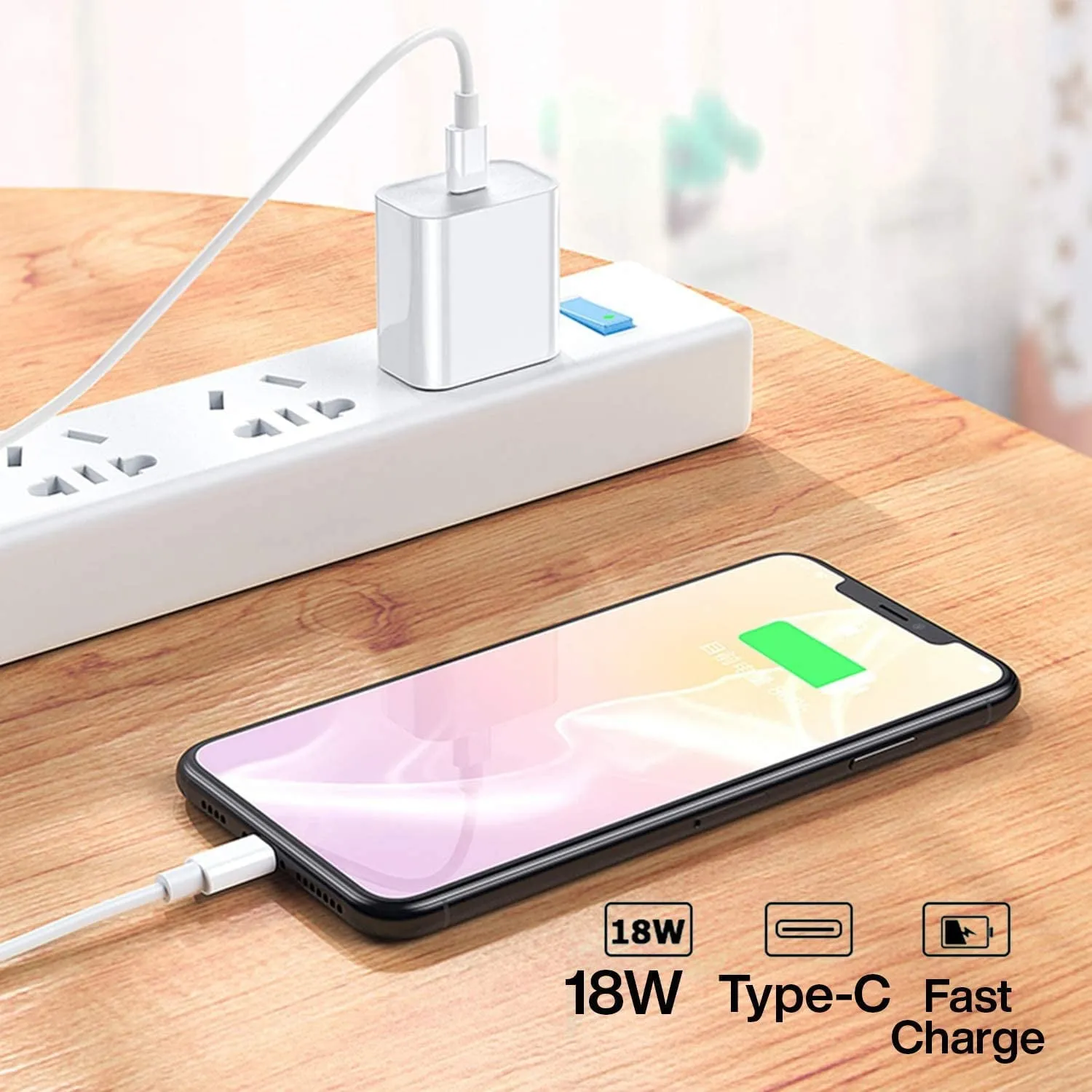 Fleur Automatic Power Cut-off for Full Charged Aple Devices White USB-C to Lightning Braided Charging Cable and Wall Adapter USB-C Power Block