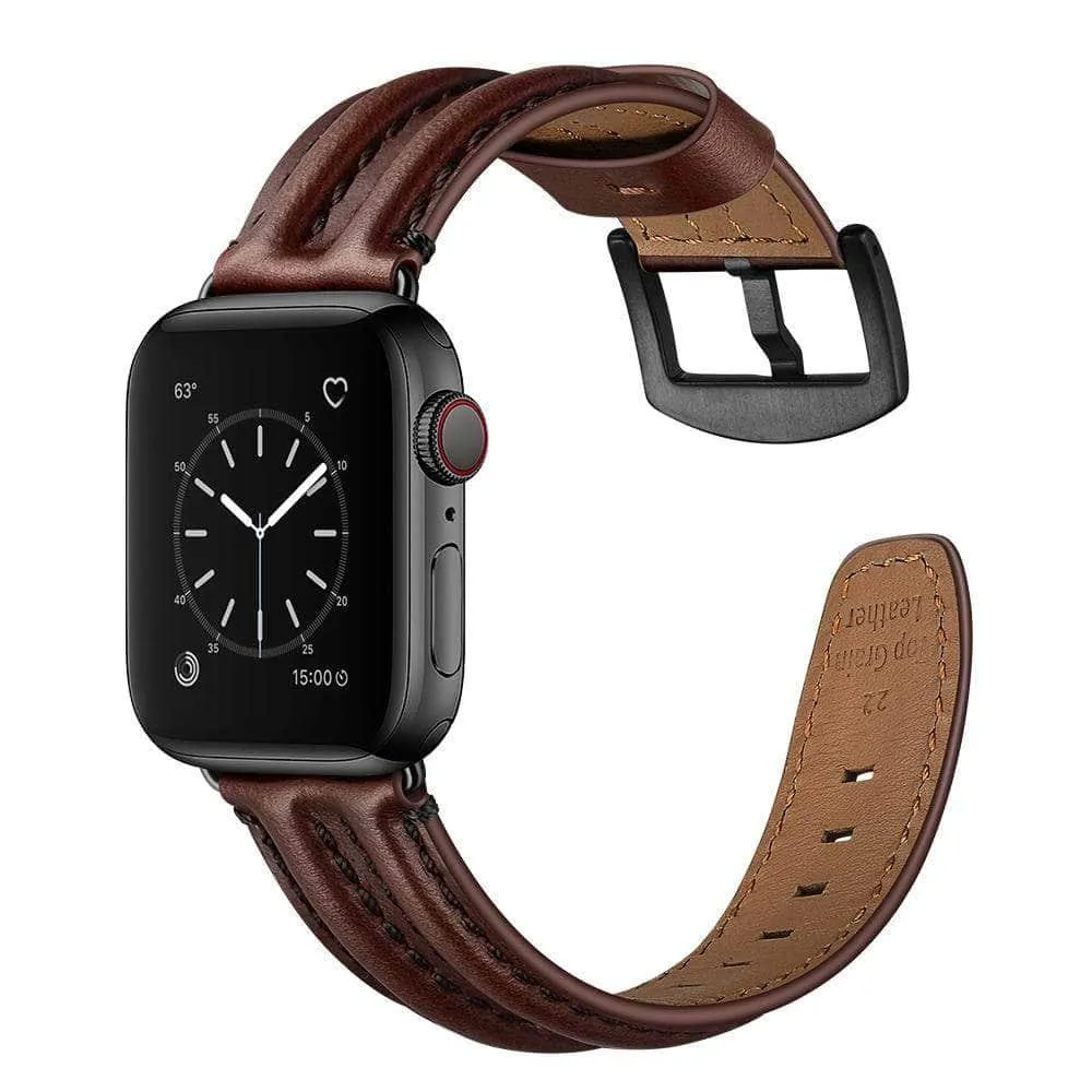 Genuine Leather Strap Apple Watch 3 4 5 6 SE Band 44/40/42/38 Double Keel Belt