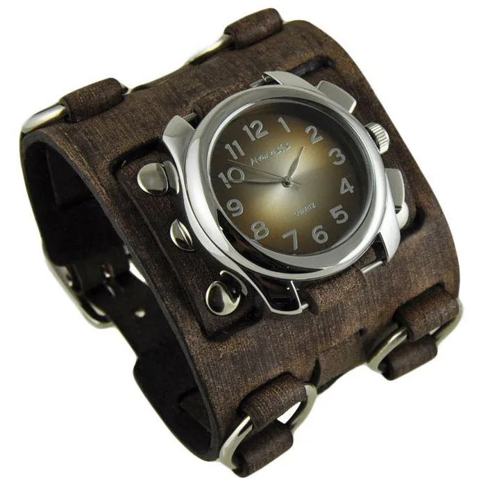 Gradient Brown/Yellow Watch with Bullet Ring Distressed Brown Leather Triple Strap Cuff